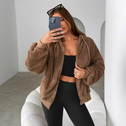Damen Teddy-Fleecejacke mit Kapuze und elastischen Bündchen EB