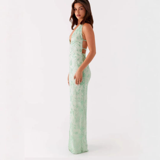 Damen Elegantes Maxikleid mit tiefem V-Ausschnitt und floralen Stickereien EB