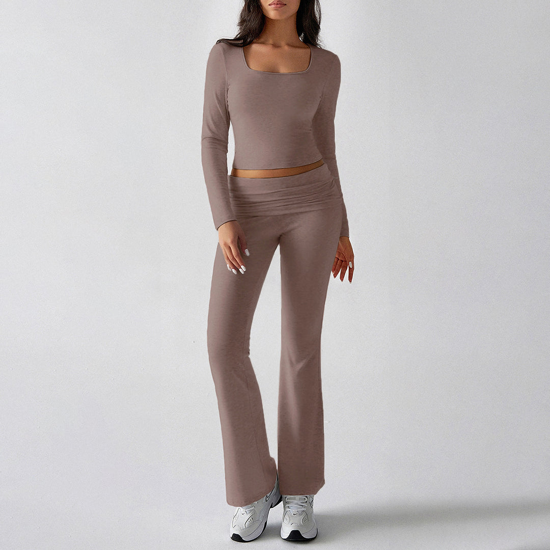 Damen nan figurbetontes Cropped-Set mit langärmeligem Top mit quadratischem Ausschnitt und ausgestellter High‑Waist Yoga-Hose EB