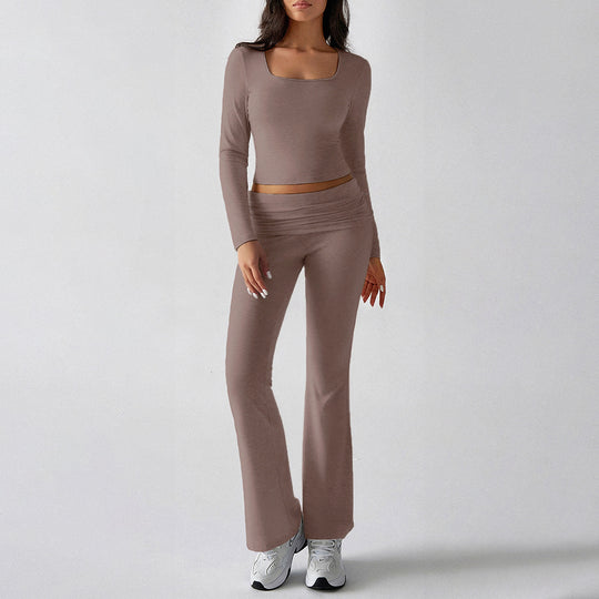 Damen nan figurbetontes Cropped-Set mit langärmeligem Top mit quadratischem Ausschnitt und ausgestellter High‑Waist Yoga-Hose EB