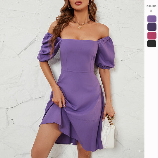 Damen Elegantes Off-Shoulder Kleid mit voluminösen Puffärmeln und asymmetrischem Schnitt EB