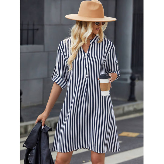Damen gestreiftes Button-Down Hemdkleid EB