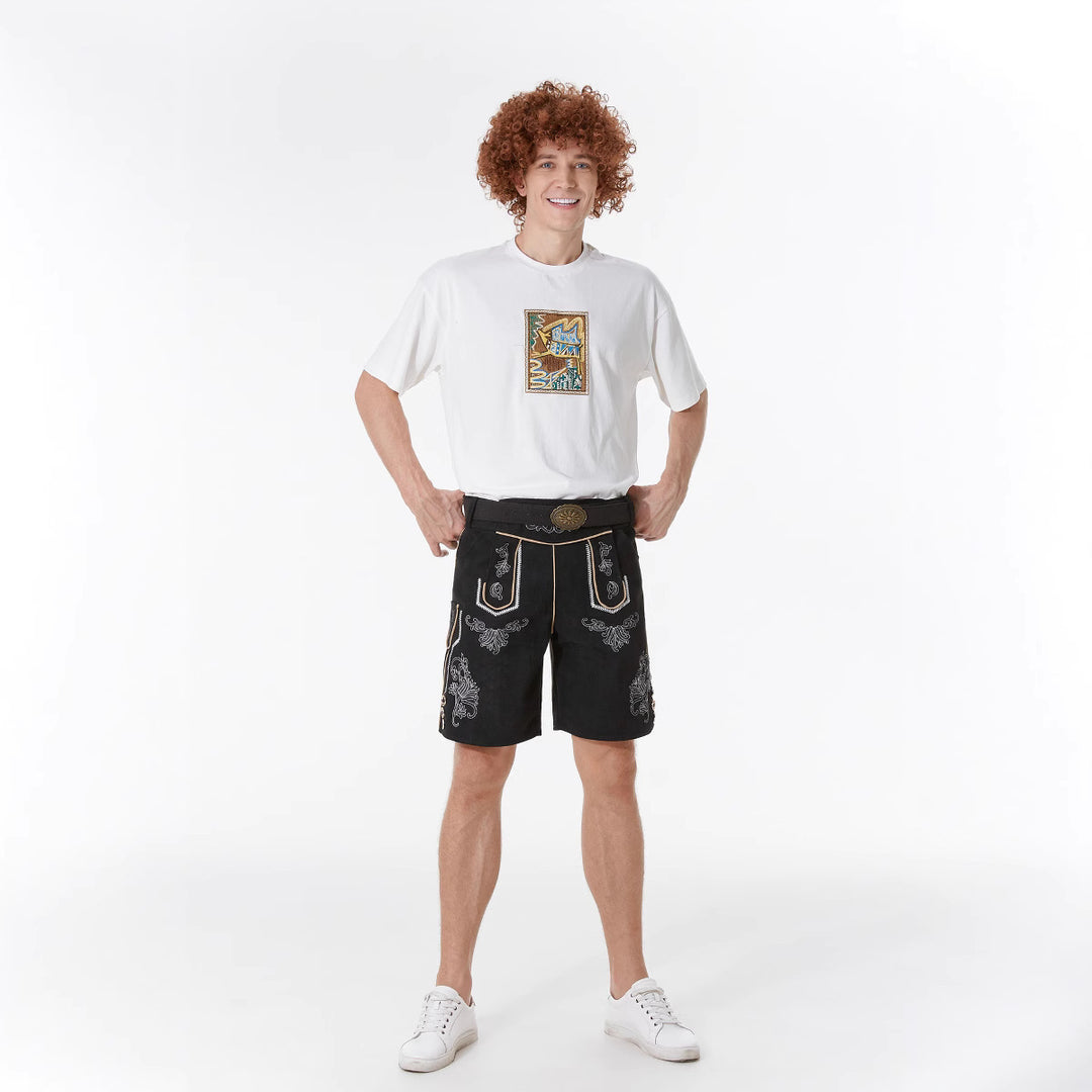 Herren nan kurze Trachtenlederhose mit filigranen Stickereien und Zierschnalle EB