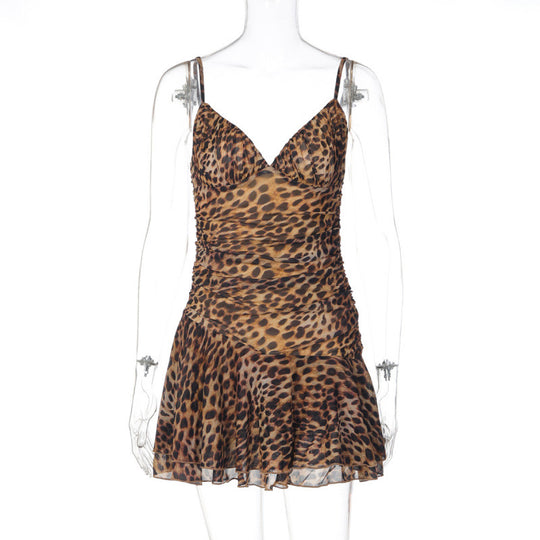 Damen Sommerliches Minikleid mit tiefem V-Ausschnitt und tierischem Muster EB