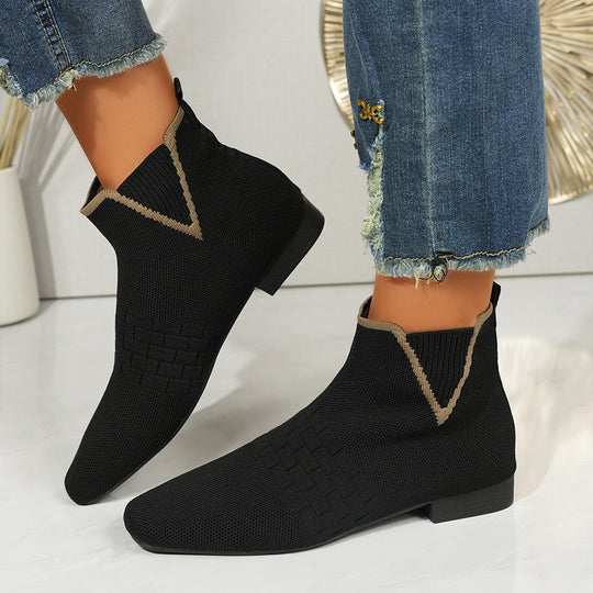 Damen nan gestrickte Sock-Stiefelette mit elastischem V-Einsatz, Zugschlaufe und flachem Blockabsatz EB