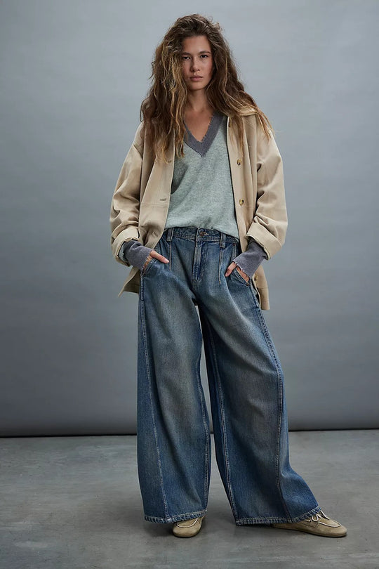 Damen nan extraweite High‑Waist Palazzo-Jeans mit hohem Bund, tiefem Schritt und verwaschener Vintage-Optik EB