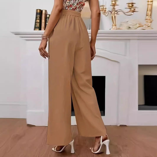 Damen weite Hochbundhose mit Bindegürtel und Knopfdetail EB