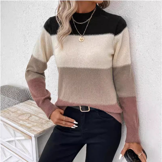 Damen modischer Strickpullover mit trendigem Blockstreifen und steigendem Kragen EB