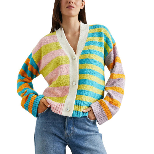 Damen lockerer gestreifter Frottee-Cardigan mit V-Ausschnitt und Knopfleiste EB
