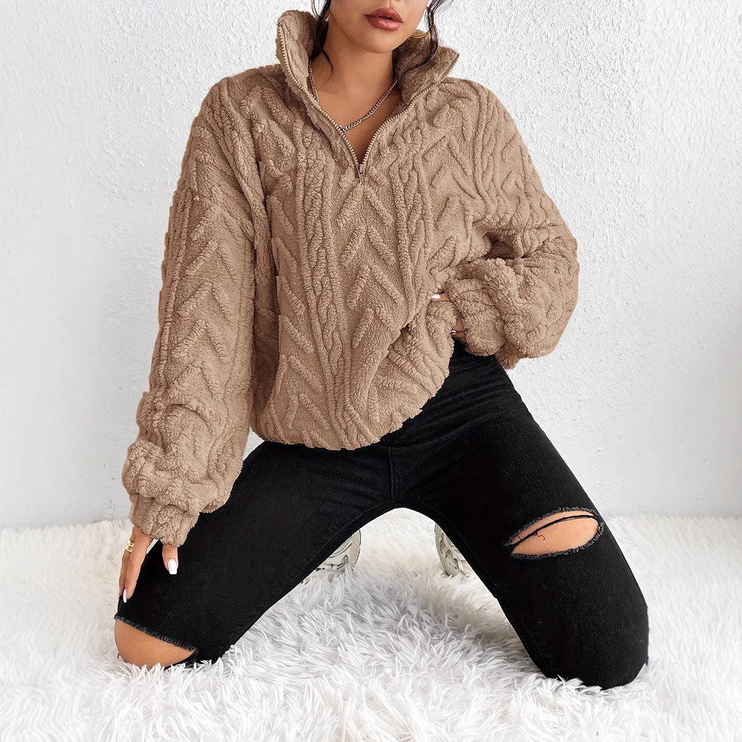 Damen Gemusterter Oversized-Fleece-Pullover mit hohem Kragen EB