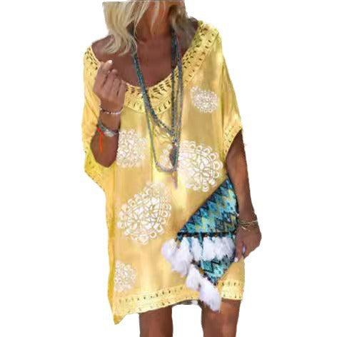 Damen Strandkleid mit Häkelkragen und floralem Druck EB
