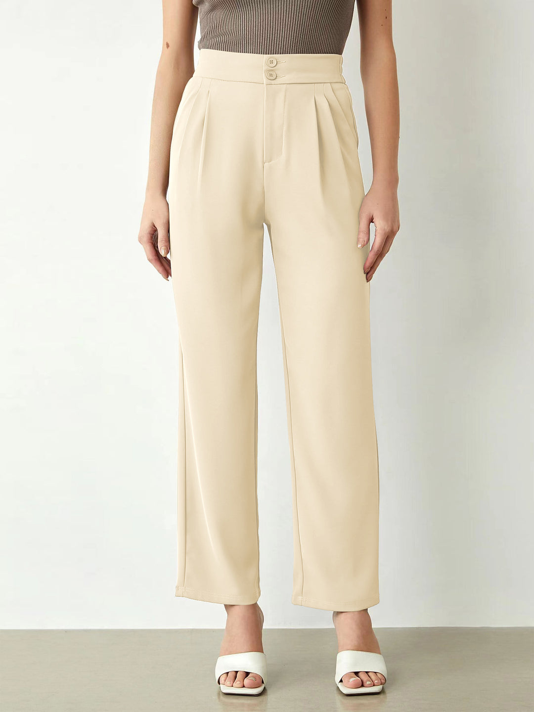Damen elegante weite Stoffhose mit Bundfalten und hohem Taillenbündchen EB