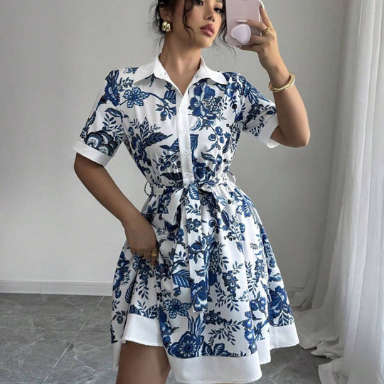 Damen Hemdblusenkleid mit floralem Muster und Taillengürtel EB