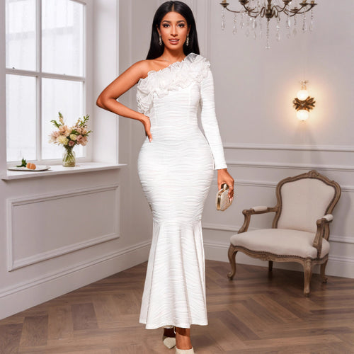 Damen figurbetontes Abendkleid mit asymmetrischem Rüschen-Ausschnitt EB