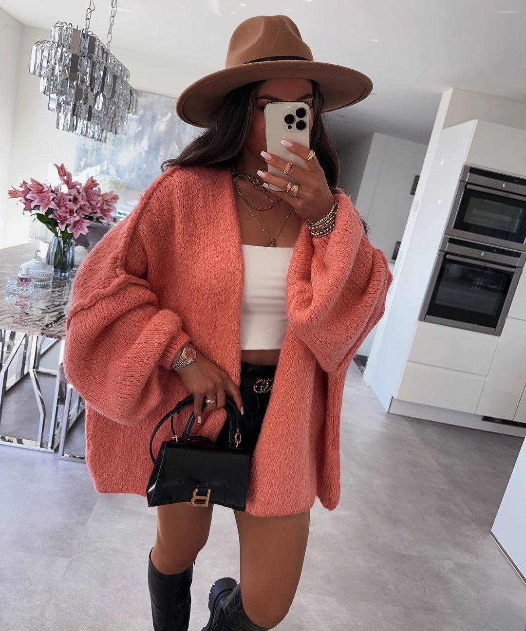 Damen oversized Strickjacke mit lässigen Ballonärmeln und strukturiertem Material EB