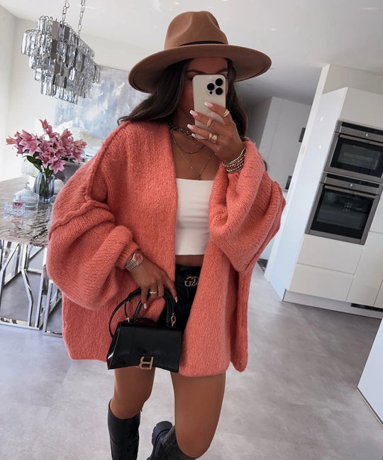 Damen oversized Strickjacke mit lässigen Ballonärmeln und strukturiertem Material EB