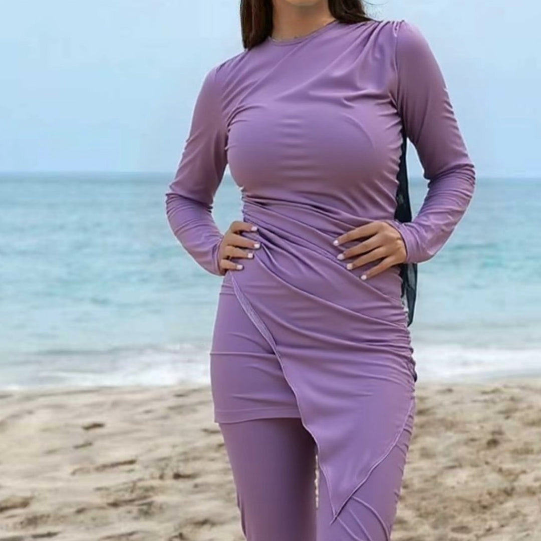 Damen Sportlicher Langarm-Badeanzug mit Wickeldesign EB