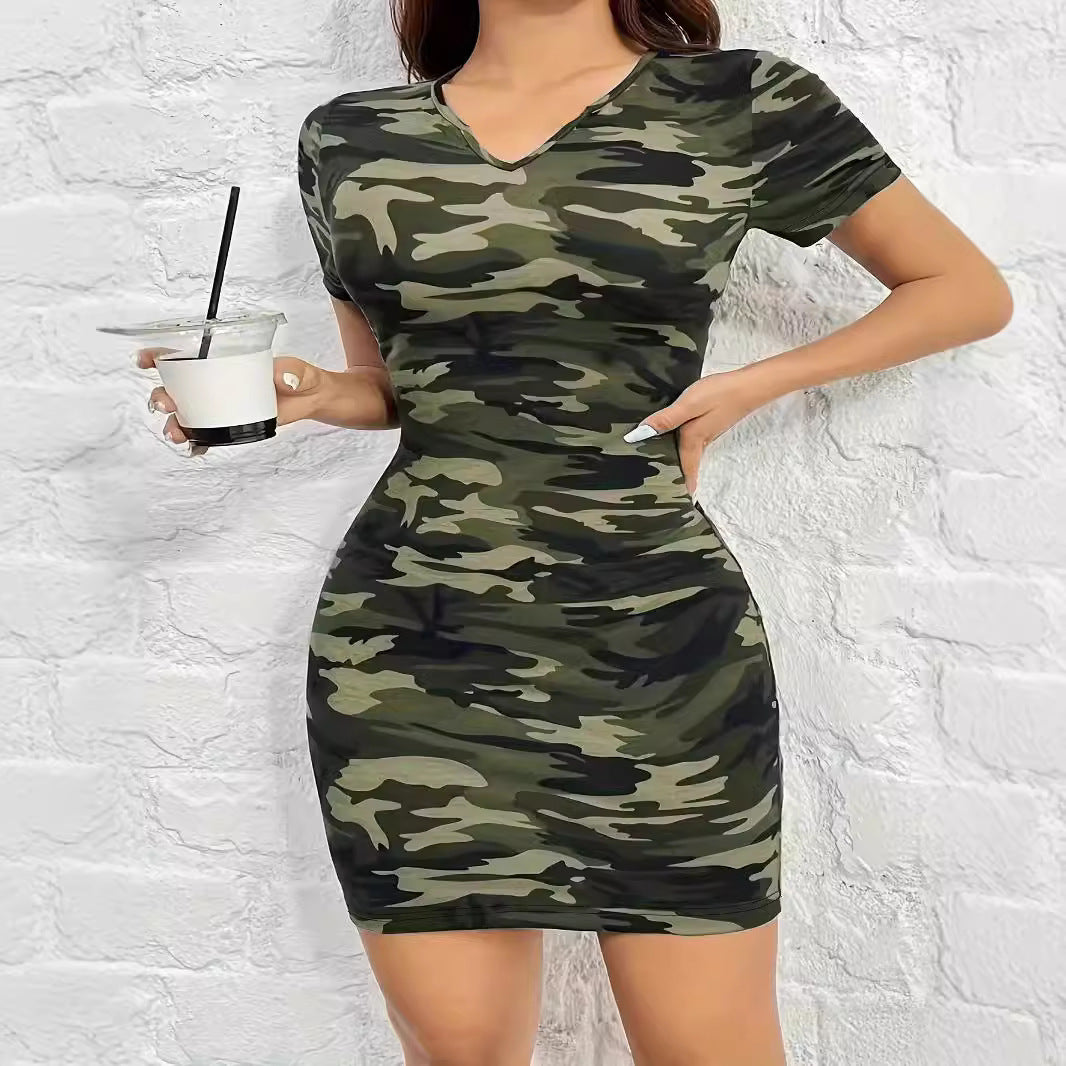Damen figurbetontes Camouflage-Kleid mit V-Ausschnitt und elastischem Material EB
