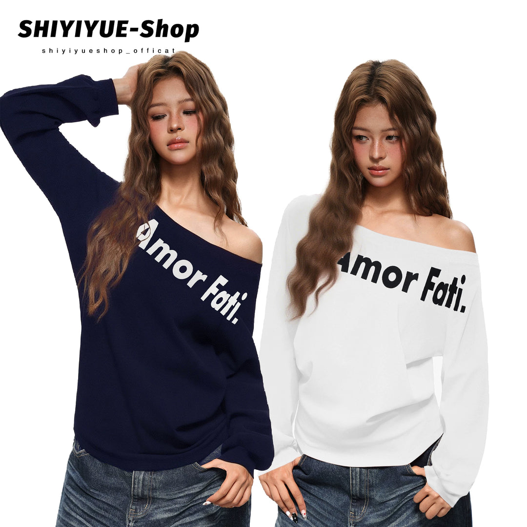 Damen nan lässiger Sweatpullover mit asymmetrischem Ausschnitt und typografischem Frontdruck EB