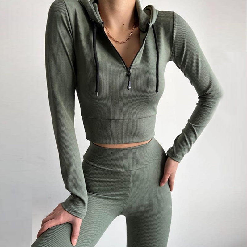 Damen geripptes Lounge-Set mit halbem Reißverschluss und hoher Taille EB
