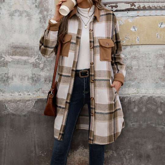 Damen Long-Hemdjacke im Overshirt‑Stil mit Brustklappen EB