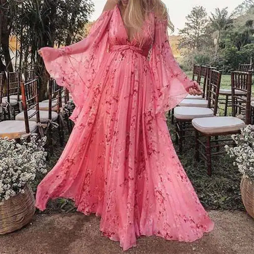 Damen Luftiges Maxi-Kleid mit floralen Akzenten und schwingenden Ärmeln EB