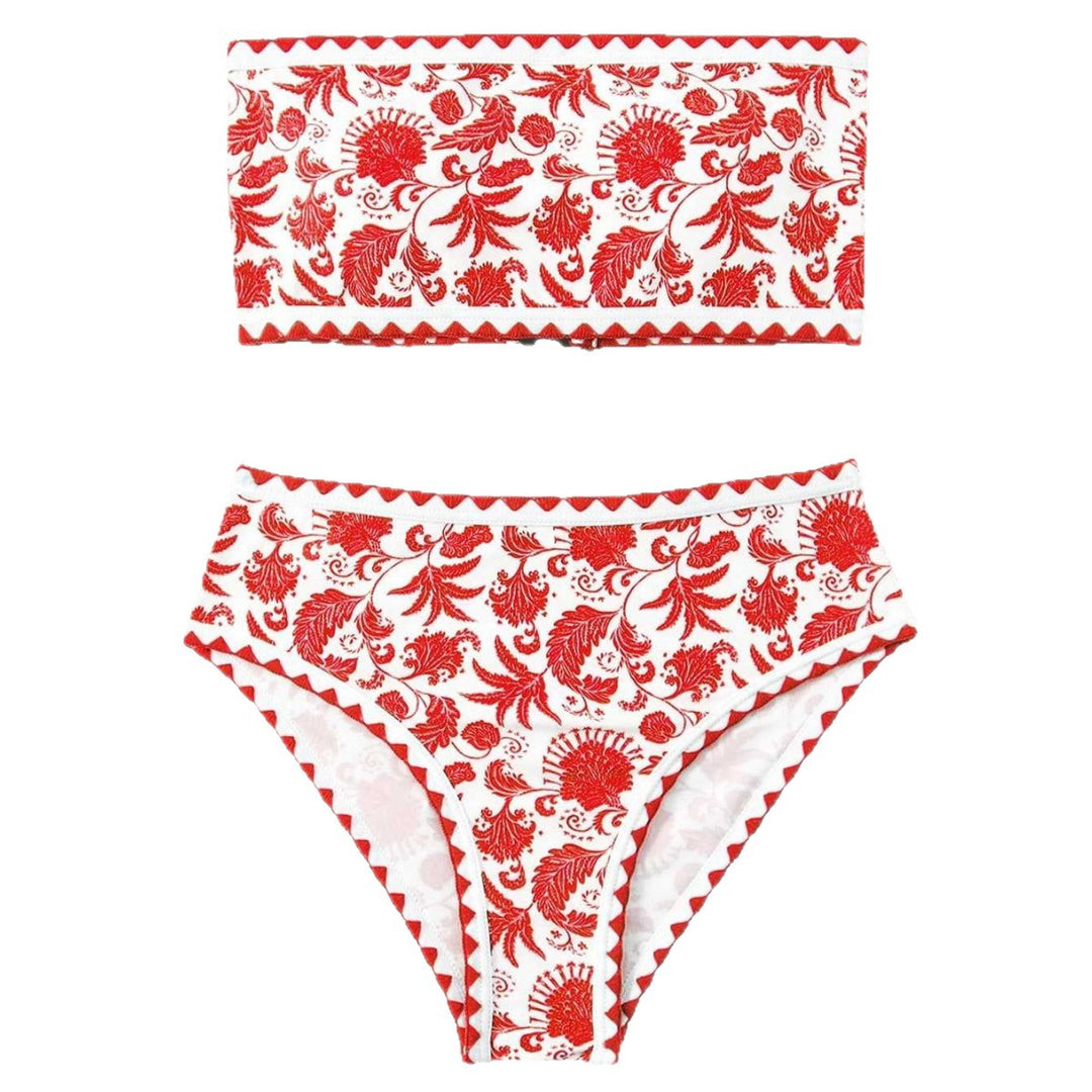 Damen Bandeau-Bikini-Set mit farbenfrohem floralen Muster und elastischem Gürtel EB