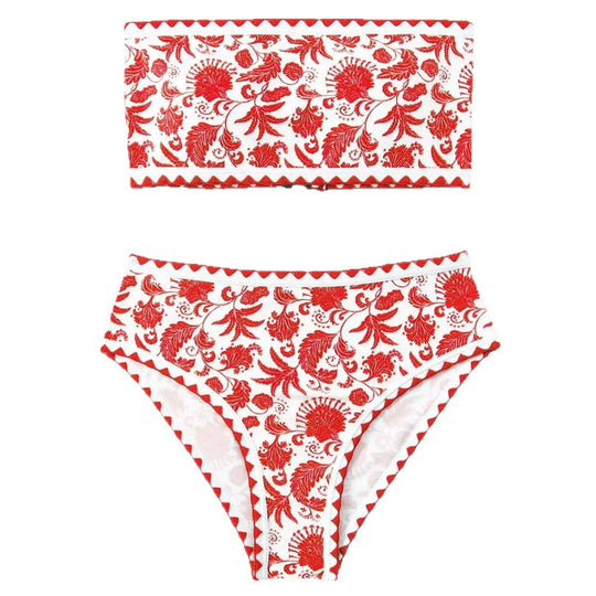 Damen Bandeau-Bikini-Set mit farbenfrohem floralen Muster und elastischem Gürtel EB