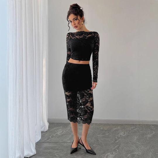 Damen Spitzenensemble mit langärmligem Crop-Top und figurbetontem Rock EB