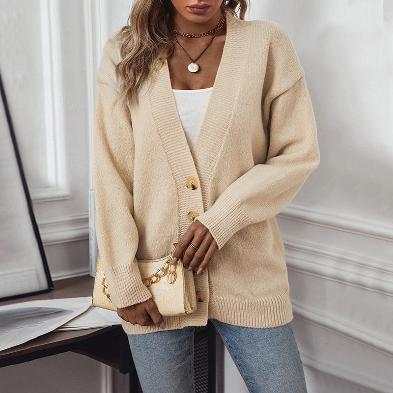 Damen gemütliche Strickjacke mit Knopfdetails und tiefem V-Ausschnitt EB