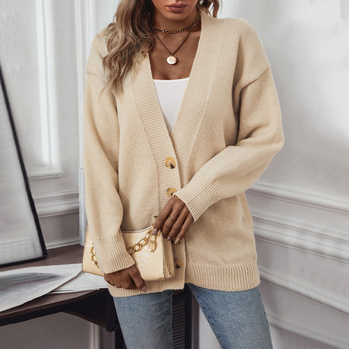 Damen gemütliche Strickjacke mit Knopfdetails und tiefem V-Ausschnitt EB