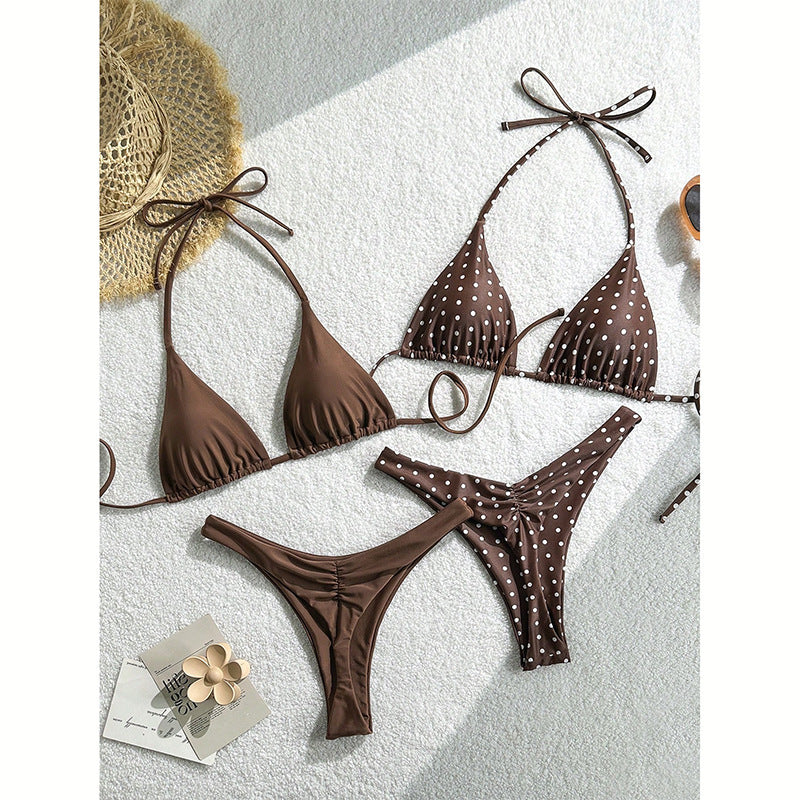 Damen Triangel-Bikini-Set mit Rüschendetails und gepunktetem Design EB