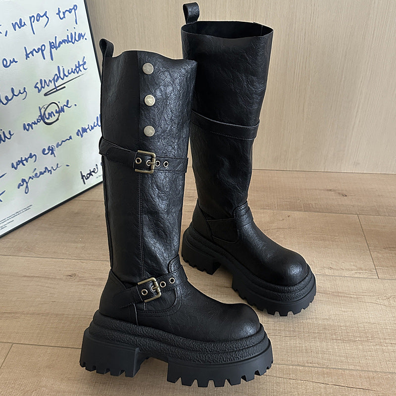 Damen hohe Stiefel mit modischem Schnallendesign und robustem Sohlenprofil EB