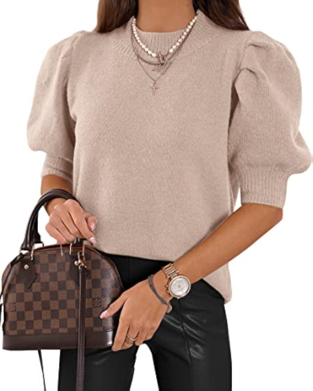 Damen Kurzgeschnitteter Feinstrickpullover mit Puffärmeln und Rippbündchen EB
