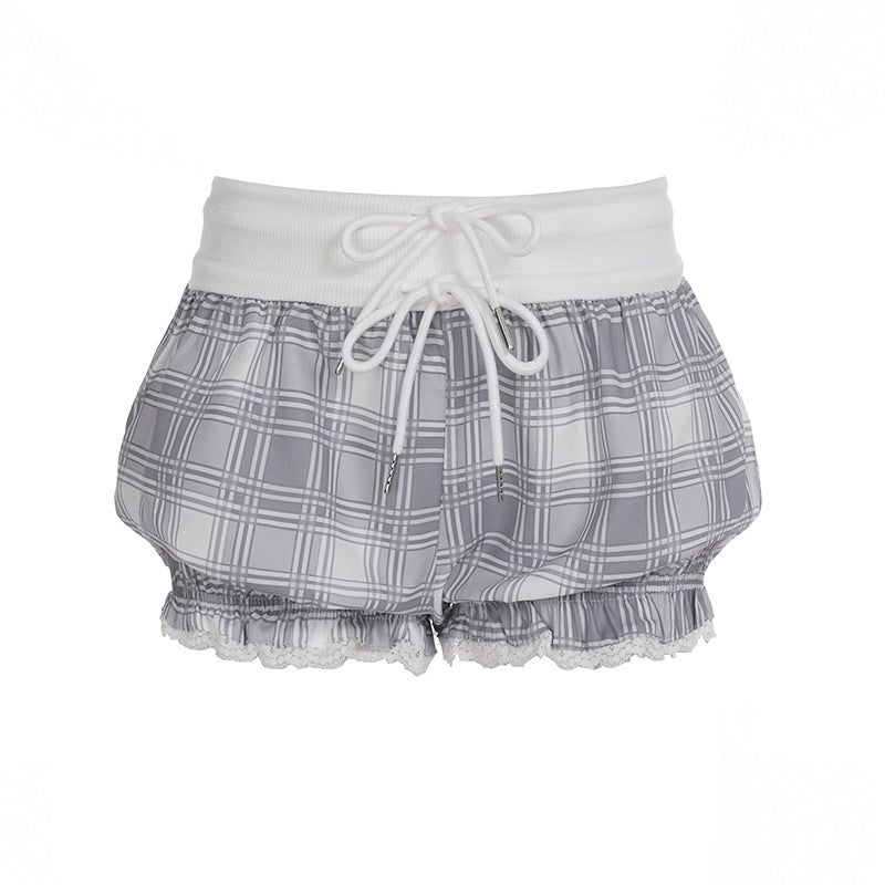Damen modische Karostoff-Pyjama-Shorts mit Spitze und elastischem Bund EB