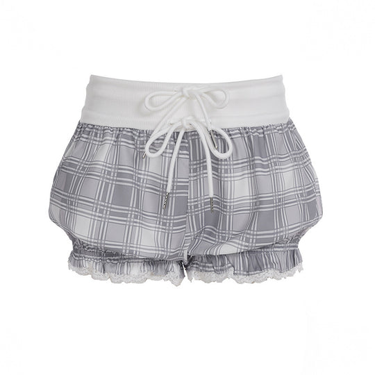 Damen modische Karostoff-Pyjama-Shorts mit Spitze und elastischem Bund EB