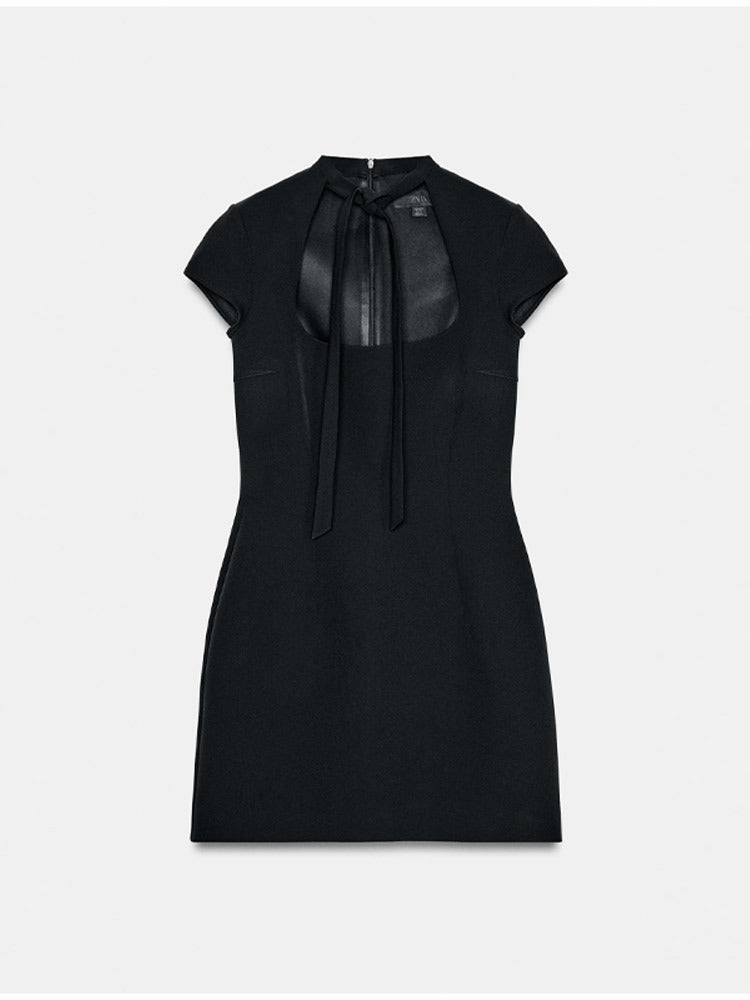 Damen elegantes Minikleid mit Hemdkragen und transparentem Einschnitt EB