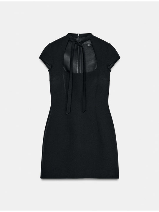 Damen elegantes Minikleid mit Hemdkragen und transparentem Einschnitt EB