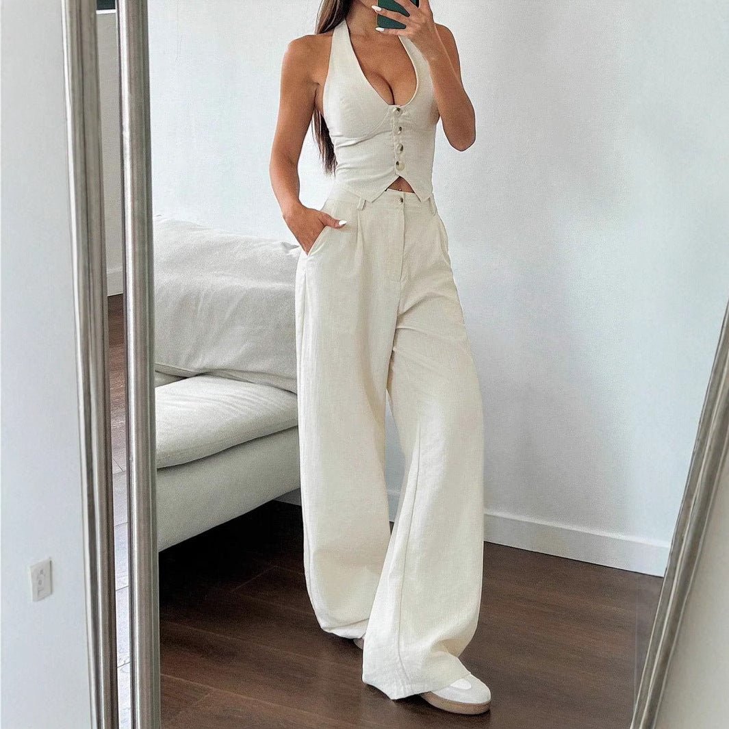 Damen Crop-Top und Weite Hosen Ensemble EB