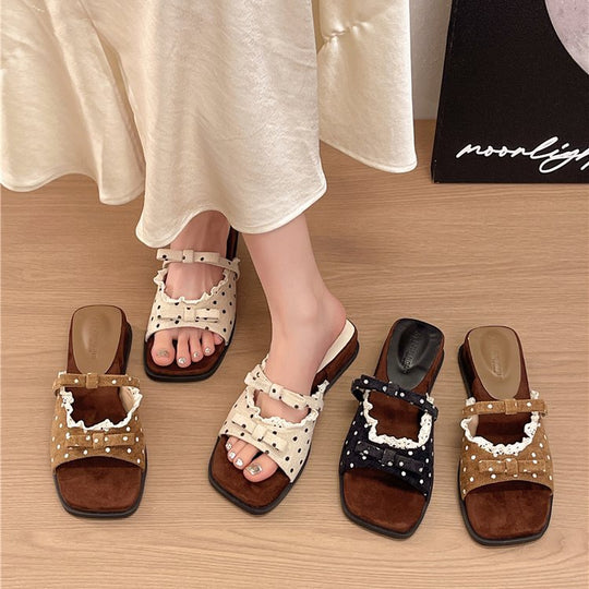 Damen elegante Slipper Sandalen mit Lochdesign und dekorativen Schleifen EB
