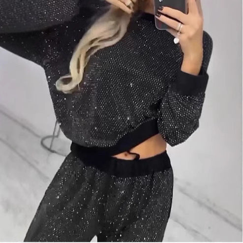 Damen Glitzerndes Freizeitset mit Cropped Sweater und bequemer Hose EB