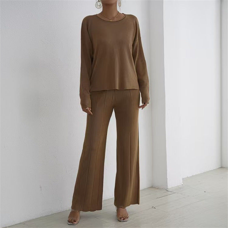 Damen lässiges und elegantes Strick-Loungewear-Set mit weitem Bein und feinen Rippenstrukturen EB
