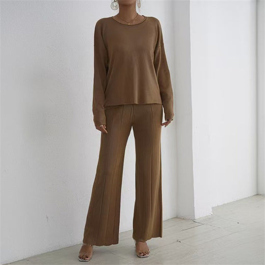 Damen lässiges und elegantes Strick-Loungewear-Set mit weitem Bein und feinen Rippenstrukturen EB