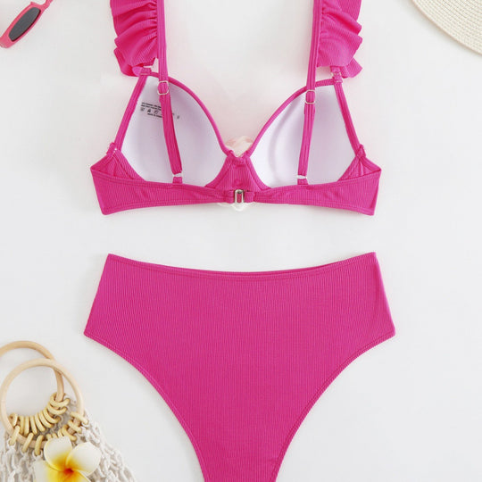 Damen Hochtailliertes Bikini-Set mit Rüschen und floralem Detail EB