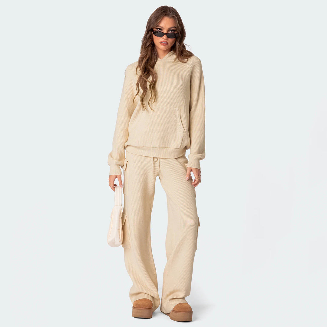 Damen nan gerippter Kapuzenpullover aus Feinstrick mit Kängurutasche und relaxed Fit EB