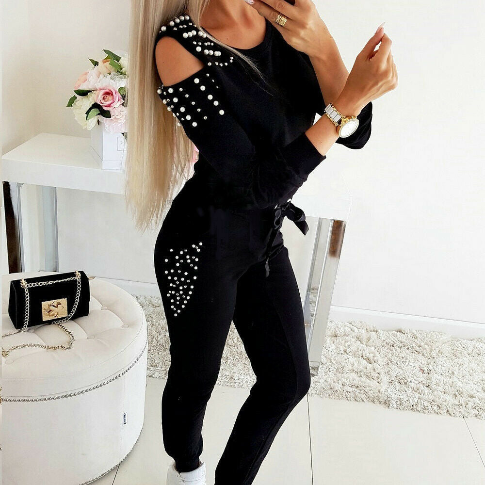 Damen eleganter Freizeitanzug mit schicken Cut-Outs und perlverzierten Ärmeln EB