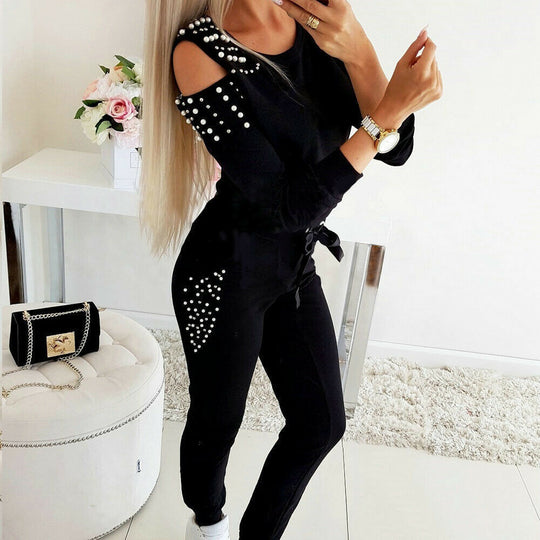 Damen eleganter Freizeitanzug mit schicken Cut-Outs und perlverzierten Ärmeln EB