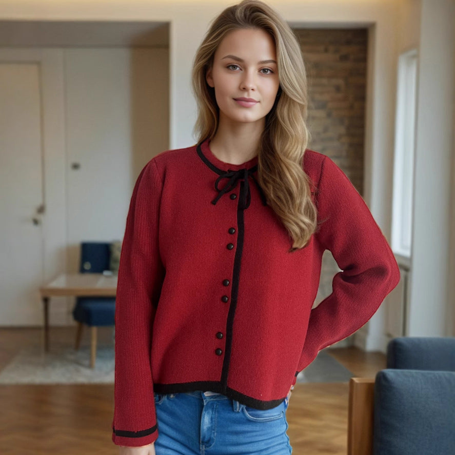 Damen kuschelige Strickjacke mit dekorativen Knopfdetails und Bindeverschluss EB