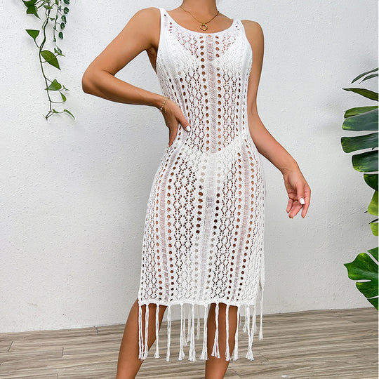 Damen Sommerliches Häkelkleid mit Fransen und seitlichem Schlitz EB
