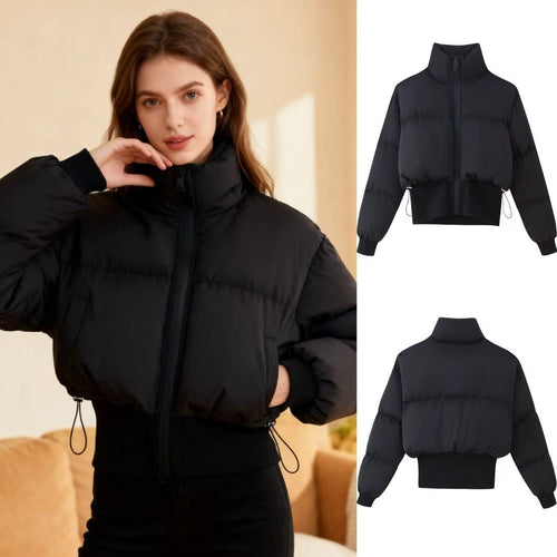 Damen nan kurz geschnittene Steppjacke mit hohem Stehkragen, Kordelzugsaum und breitem Rippenbund EB